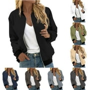 Women's Plus Size Bomber Jackets Casual Lightweight Zip-up Coat Solid Spring Fall Windbreaker Outerwear with Pockets Long Sleeve Collarless Jacket